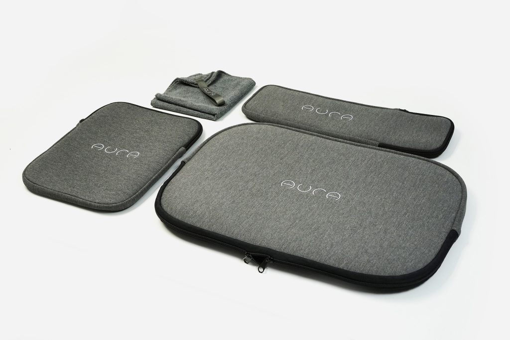 Neoprene sleeve set for a Leica 3D facial scanner, featuring EVA padding, a microfleece interior, and a premium cleaning cloth for screen, stand arm, and base.