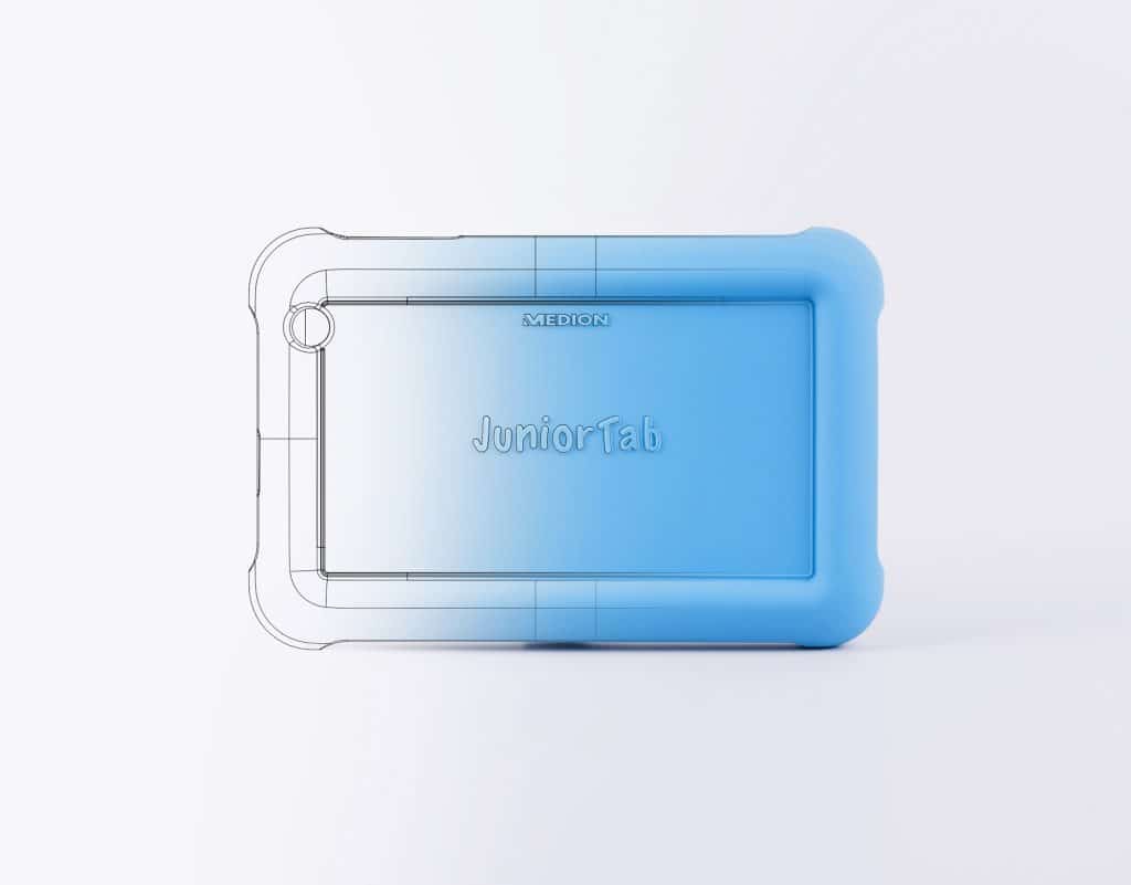 Brightly colored silicone skin with chunky protective edges, designed to safeguard a Medion kids tablet from bumps and drops.